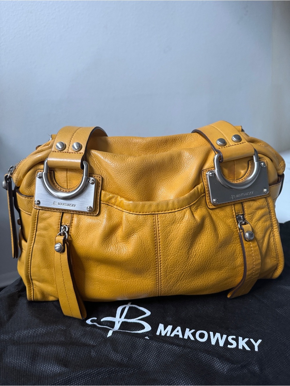 B. Makowsky Mustard Yellow Leather Satchel Shoulder Bag - Picture 3 of 12